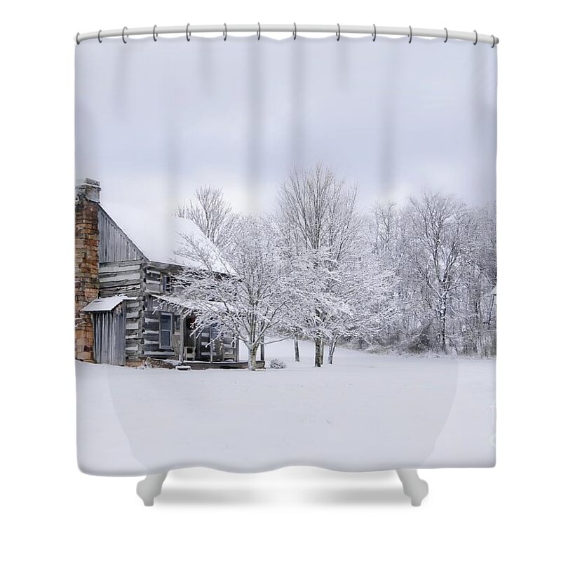 Snow Shower Curtain featuring the photograph Snowy Cabin by Benanne Stiens