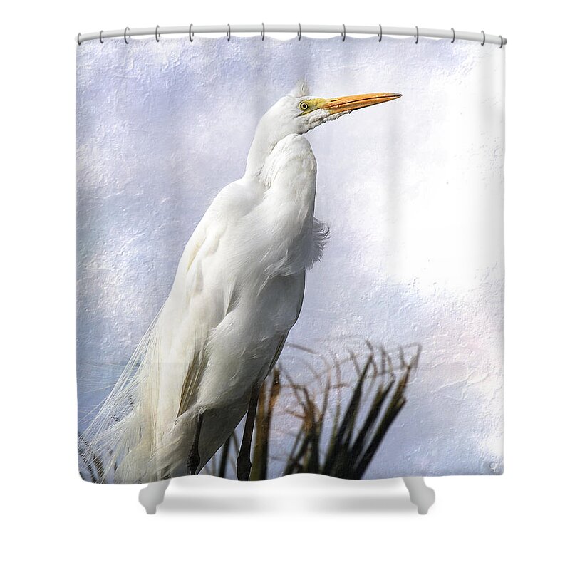 Exotic Shower Curtain featuring the digital art Snowy Egret by Michele A Loftus