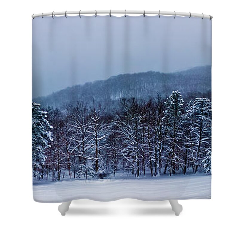 Snow Shower Curtain featuring the photograph Snowy Forest and Mountains by Jonny D