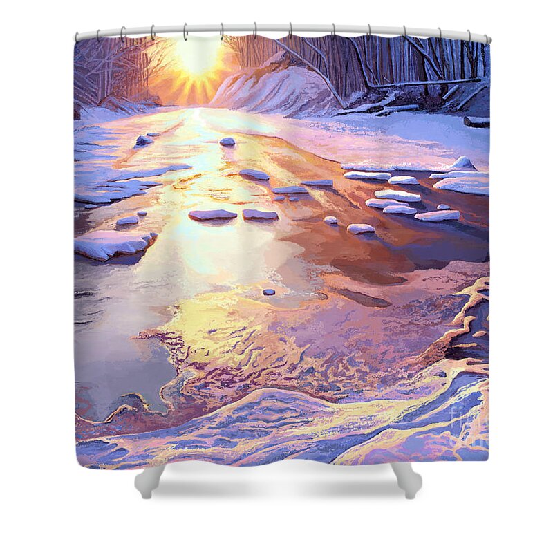 Trees Shower Curtain featuring the painting Snowy River Sunset by Jackie Case