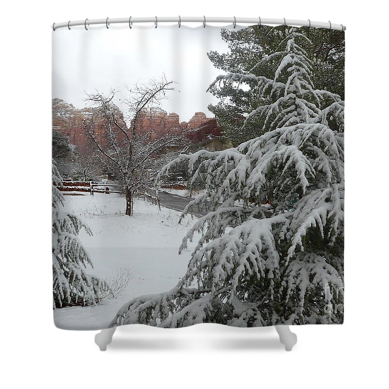 Sedona Shower Curtain featuring the photograph Snowy Sedona Red Rocks by Mars Besso