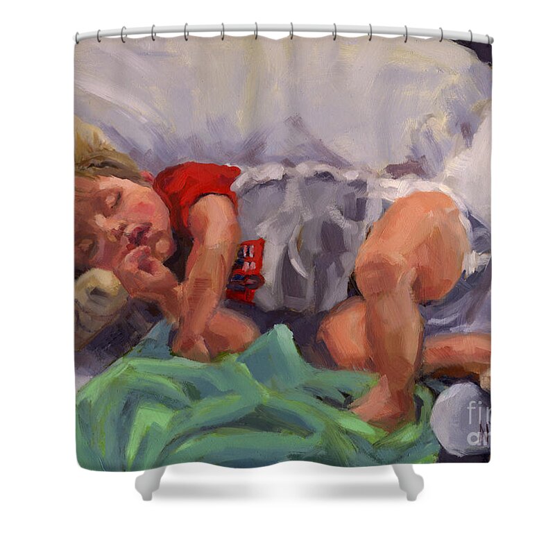 Grandchild Shower Curtain featuring the painting Snug As A Bug by Nancy Parsons