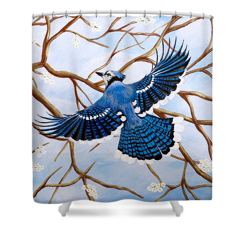 Blue Jay Shower Curtain featuring the painting Soaring Blue Jay by Teresa Wing