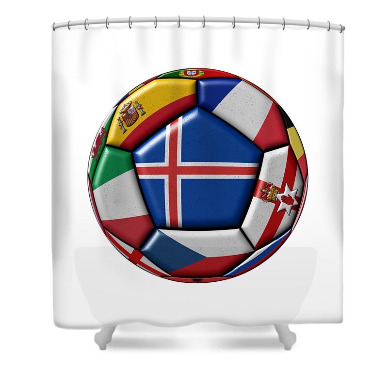 Europe Shower Curtain featuring the digital art Soccer ball with flag of Iceland in the center by Michal Boubin