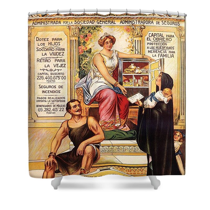 Vintage Shower Curtain featuring the mixed media Sociedad de Prevision - Spanish - Vintage Advertising Poster by Studio Grafiikka
