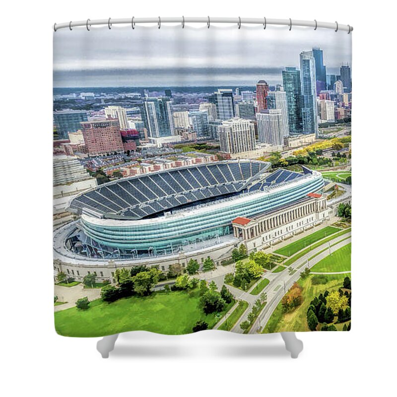Chicago Shower Curtain featuring the painting Soldier Field Chicago Skyline by Christopher Arndt