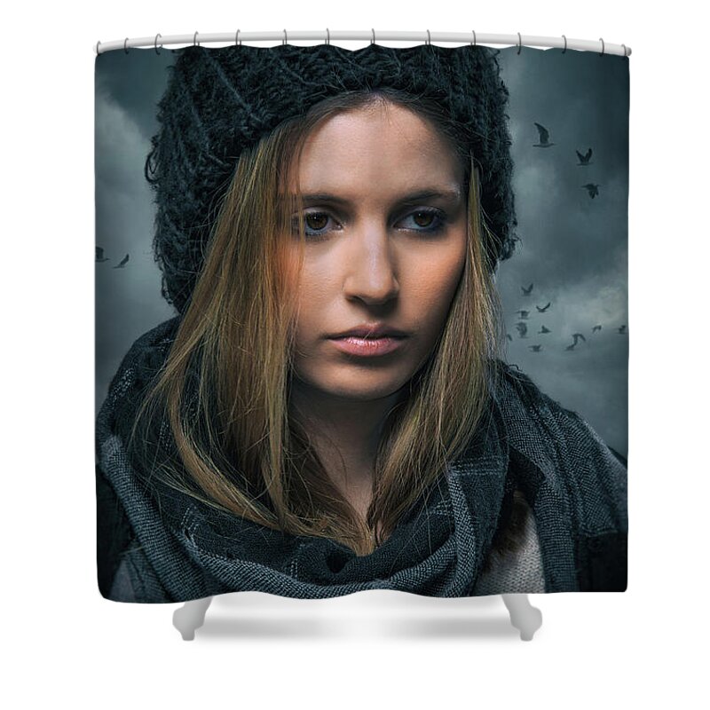 Young Shower Curtain featuring the photograph Somber Girl by Carlos Caetano