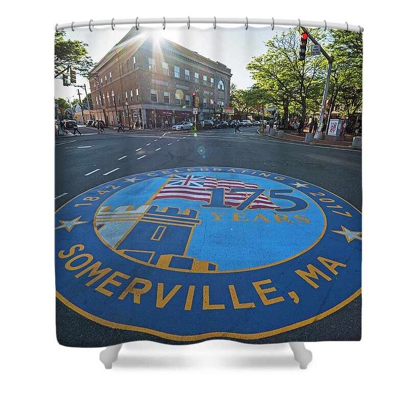 Somerville Shower Curtain featuring the photograph Somerville MA Davis Square 175 Years by Toby McGuire