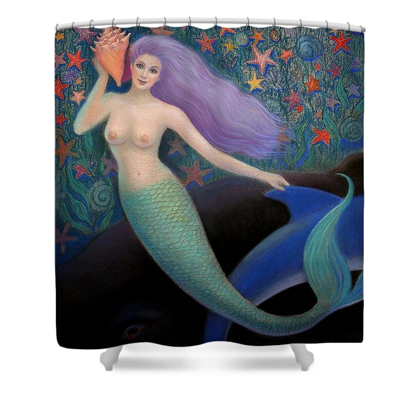 Mermaid Shower Curtain featuring the painting Song of the Sea Mermaid by Sue Halstenberg