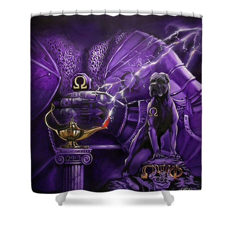 Omega Psi Phi Shower Curtain featuring the painting Sons of Blood and Thunder by Jerome White