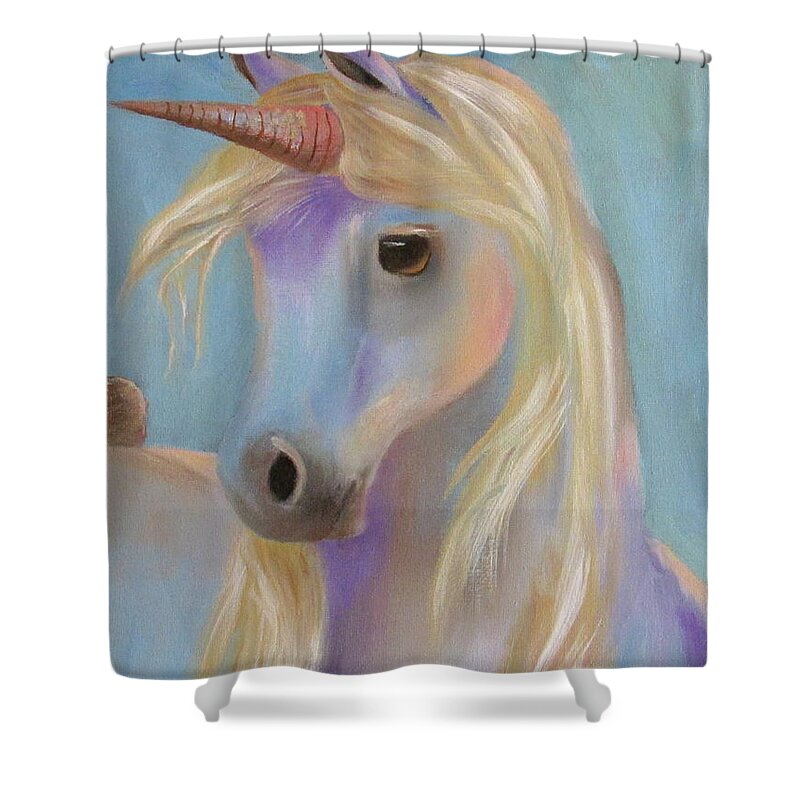 Unicorn Shower Curtain featuring the painting Soulful Baby by Nataya Crow