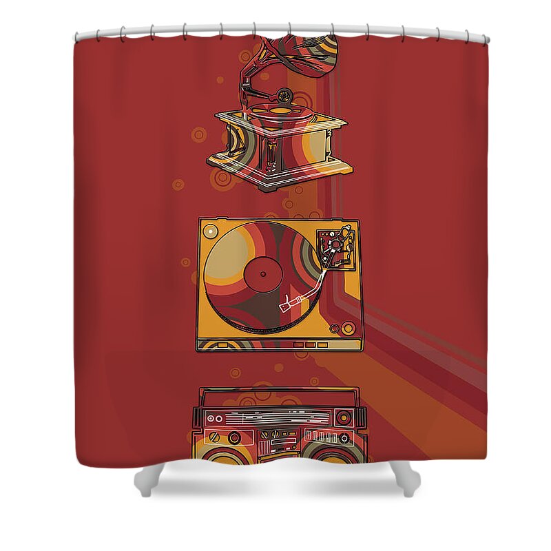 Retro Shower Curtain featuring the digital art Sound Evolution 5 by Bekim M