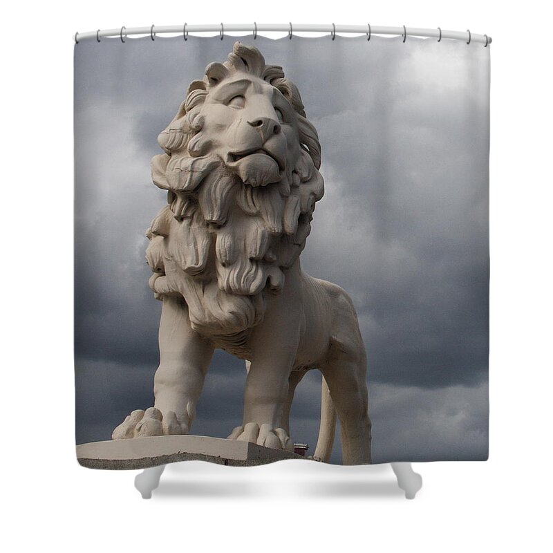Lions Shower Curtain featuring the photograph South bank lion. by Christopher Rowlands