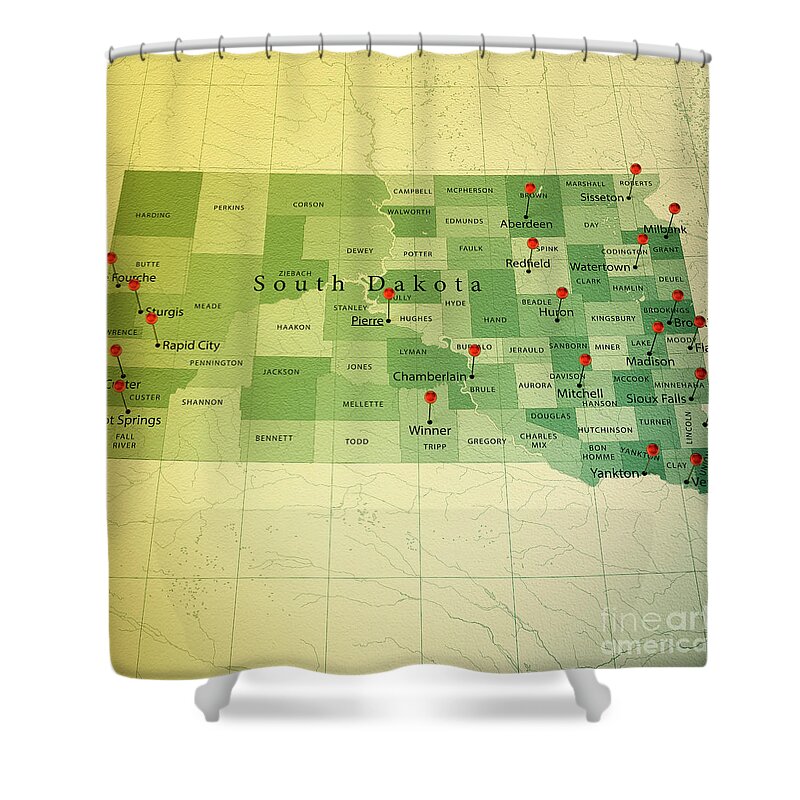 Cartography Shower Curtain featuring the digital art South Dakota Map Square Cities Straight Pin Vintage by Frank Ramspott