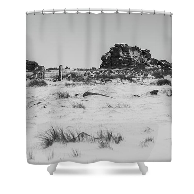 Snow Shower Curtain featuring the photograph South Hessary Tor in the Snow by Helen Jackson