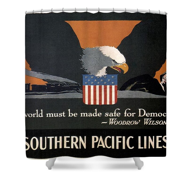 Pacific Lines Shower Curtain featuring the mixed media Southern Pacific Lines - Propaganda Poster - Retro travel Poster - Vintage Poster by Studio Grafiikka