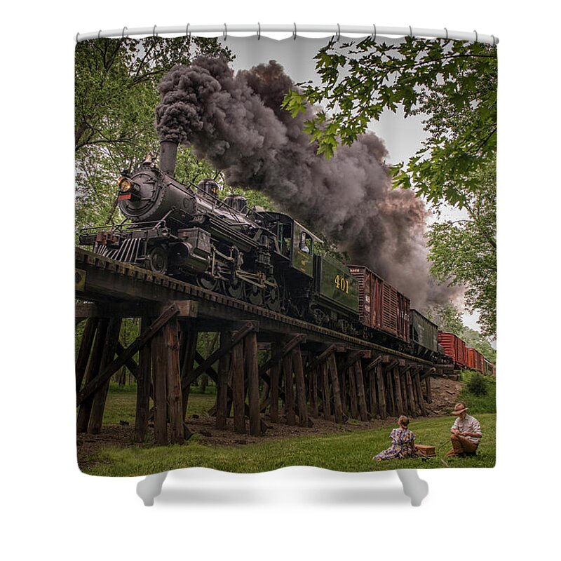 #railroad #railroads Train #trains Shower Curtain featuring the photograph Southern Steam engine 401 heads across the Camp Creek Trestle by Jim Pearson