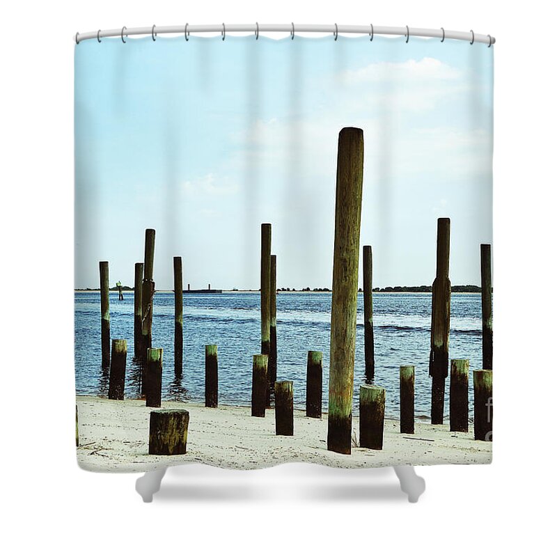Southport Shower Curtain featuring the photograph Southport Beach Weathered Wood by Amy Lucid