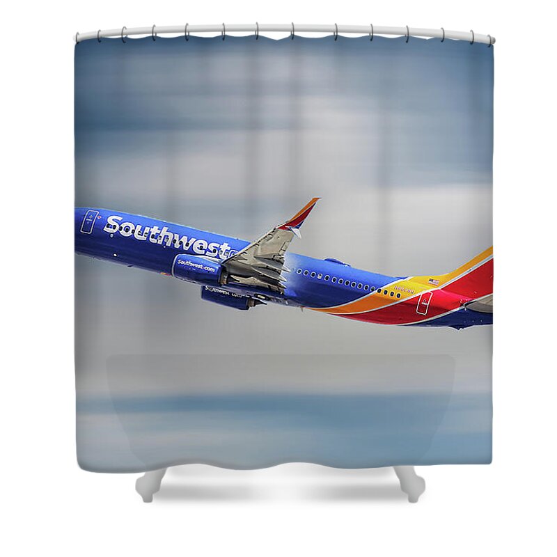 Southwest Shower Curtain featuring the mixed media Southwest Airlines Boeing 737-8H4 by Smart Aviation