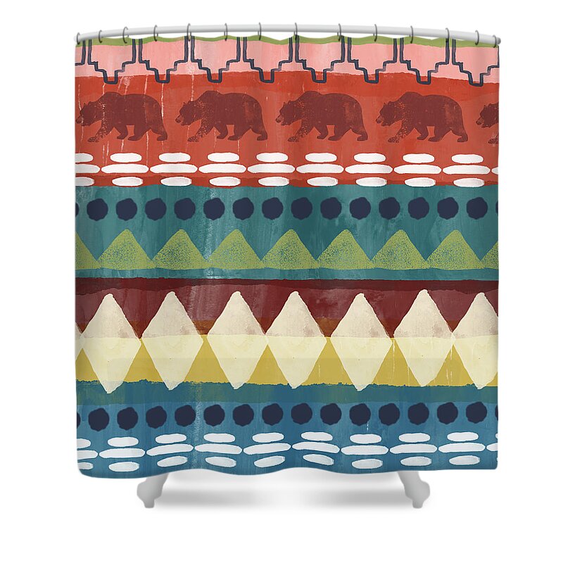 Southwest Shower Curtain featuring the mixed media Southwest with Bears- Art by Linda Woods by Linda Woods