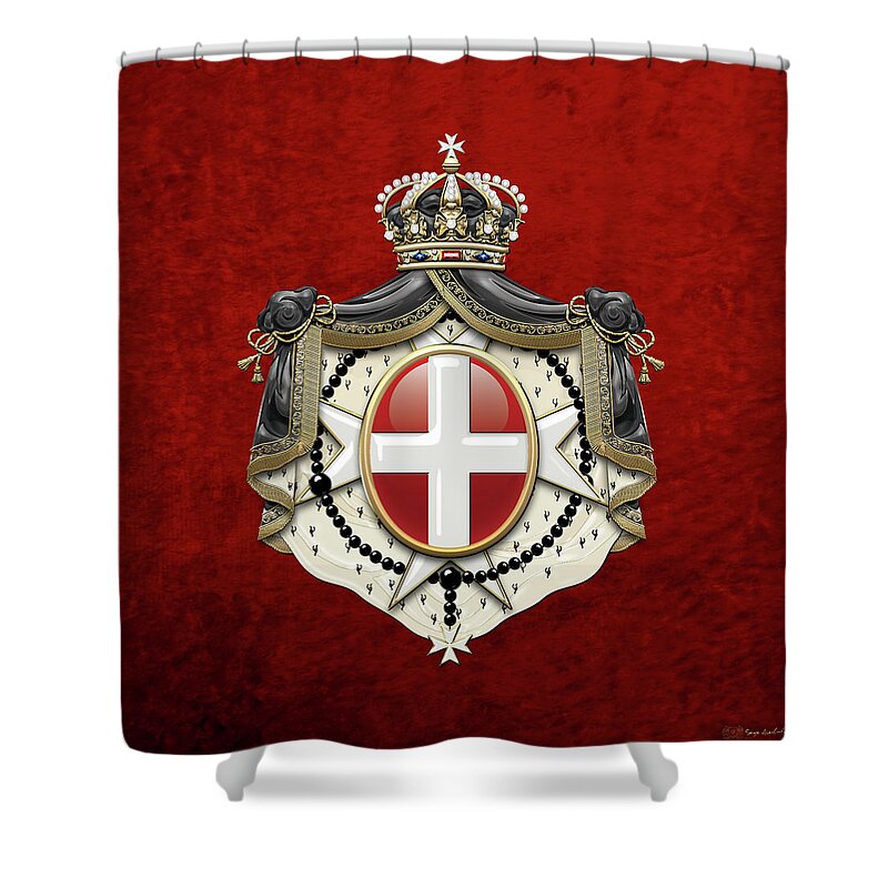 'ancient Brotherhoods' Collection By Serge Averbukh Shower Curtain featuring the digital art Sovereign Military Order of Malta Coat of Arms over Red Velvet by Serge Averbukh