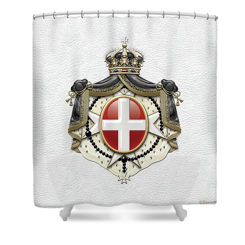 'ancient Brotherhoods' Collection By Serge Averbukh Shower Curtain featuring the digital art Sovereign Military Order of Malta Coat of Arms over White Leather by Serge Averbukh
