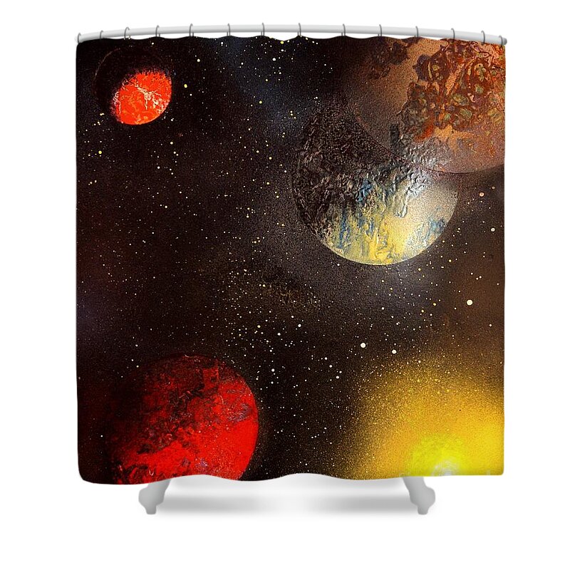 Planets Shower Curtain featuring the painting Space Balls by Greg Moores