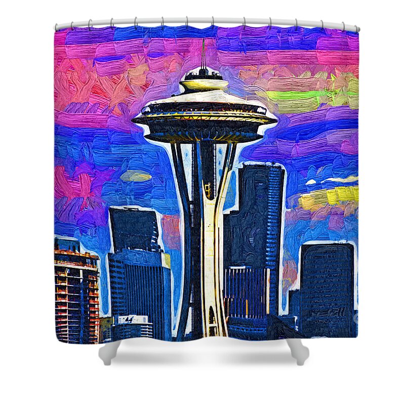 Space Needle Shower Curtain featuring the digital art Space Needle Colorful Sky by Kirt Tisdale