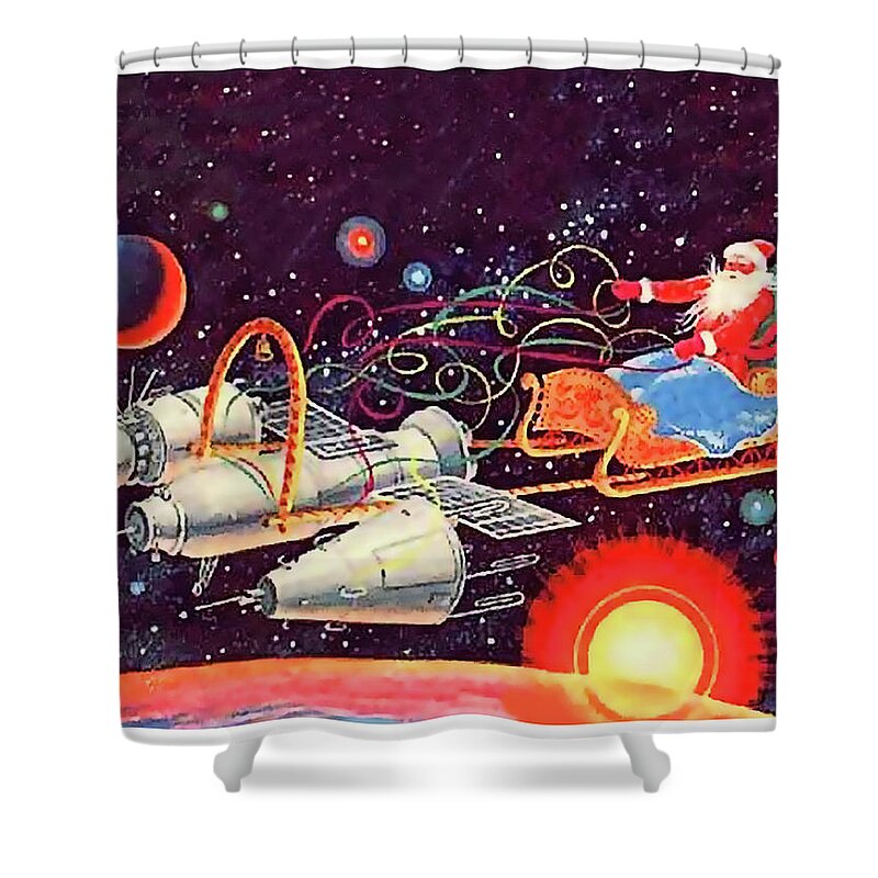 Space Shower Curtain featuring the mixed media Space Santa Claus by Long Shot