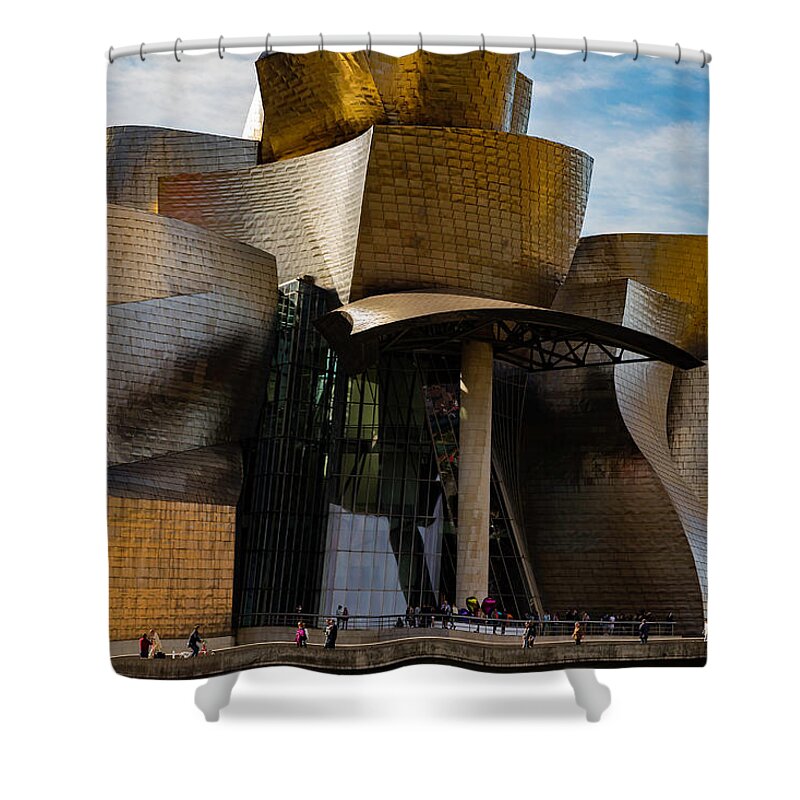 Spain Bilbao Guggenheim Museum Basque Country Frank Gehry Contemporary Architecture Nervion River City Daring And Innovative Curves Building Exterior Spectacular Building Deconstructivism Ferrovial Clad In Glass Shower Curtain featuring the photograph The Guggenheim Museum Spain Bilbao by Andy Myatt
