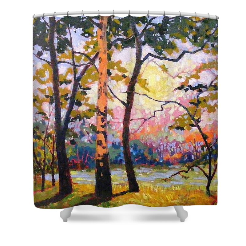 Landscape Shower Curtain featuring the painting Spanaway Pond by Celine K Yong