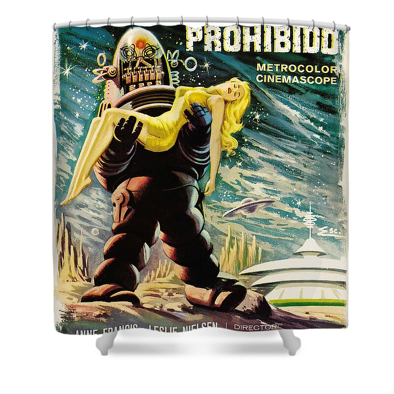 Spanish Version Shower Curtain featuring the painting Spanish version of Forbidden Planet in CinemaScope retro classic movie poster by Vintage Collectables