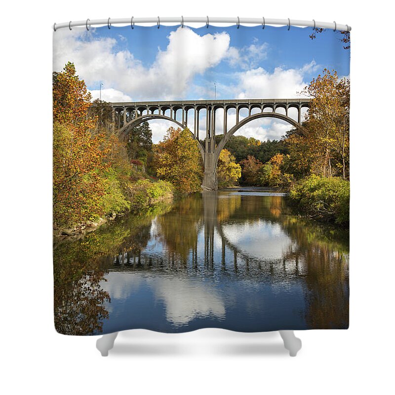 Spanning The Cuyahoga River Shower Curtain featuring the photograph Spanning The Cuyahoga River by Dale Kincaid