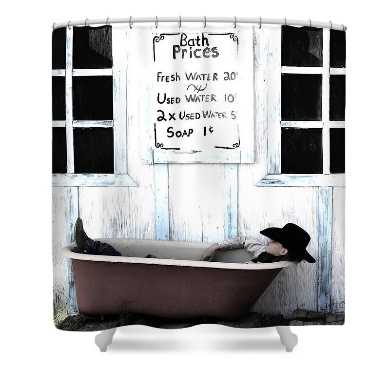Western Art Shower Curtain featuring the photograph Spare A Dime? by Debra Sabeck