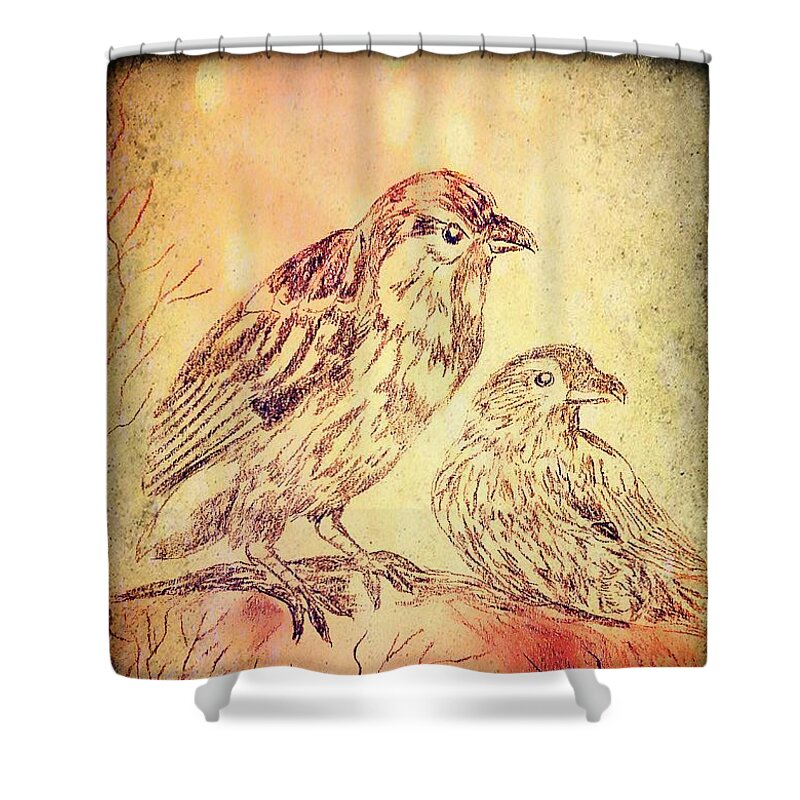 Sparrows 2 Shower Curtain featuring the mixed media Sparrows 2 by Maria Urso