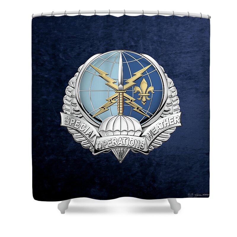 'military Insignia & Heraldry' Collection By Serge Averbukh Shower Curtain featuring the digital art Special Operations Weather Team - S O W T Badge over Blue Velvet by Serge Averbukh
