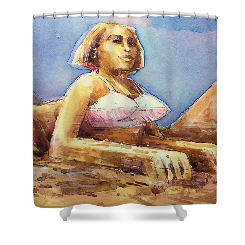Egyptian Shower Curtain featuring the painting Sphinx in a Bullet Bra by Ronald Shelley