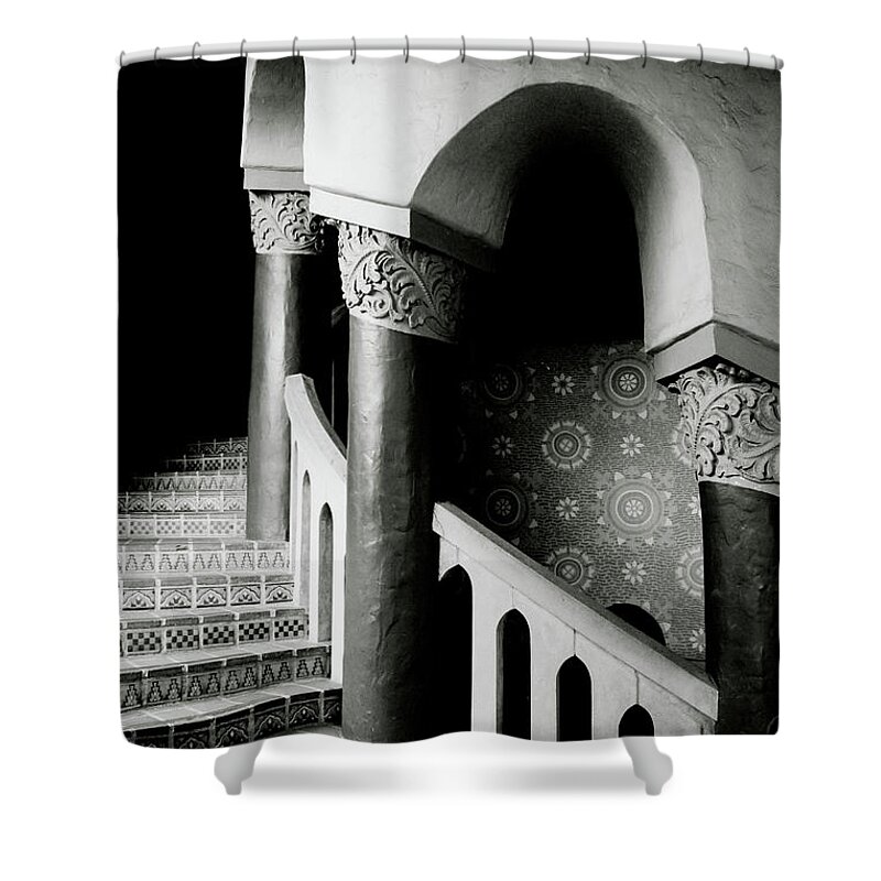 Stairs Shower Curtain featuring the mixed media Spiral Stairs- Black and White Photo by Linda Woods by Linda Woods