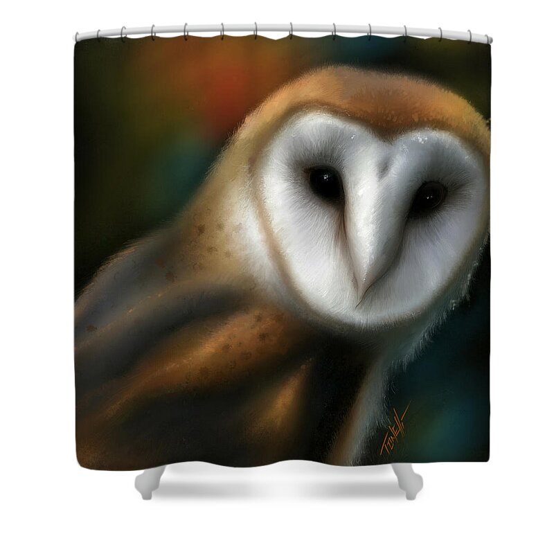 Barn Owl Shower Curtain featuring the mixed media Spirit Owl, Barn Owl by Mark Tonelli
