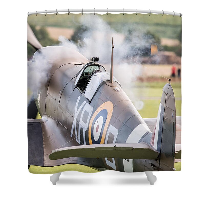 71 (eagle) Squadron Shower Curtain featuring the photograph Spitfire engine start smoke rings by Gary Eason
