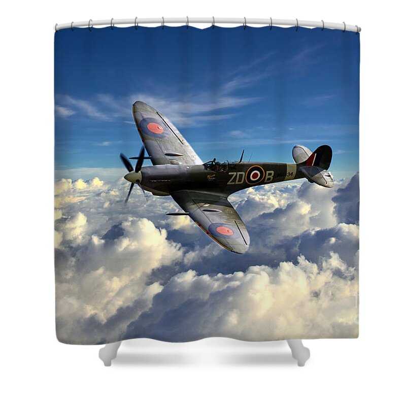 Supermarine Shower Curtain featuring the digital art Spitfire MH434 by Airpower Art