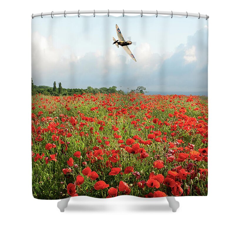 Spitfire Shower Curtain featuring the photograph Spitfire over poppy field by Gary Eason