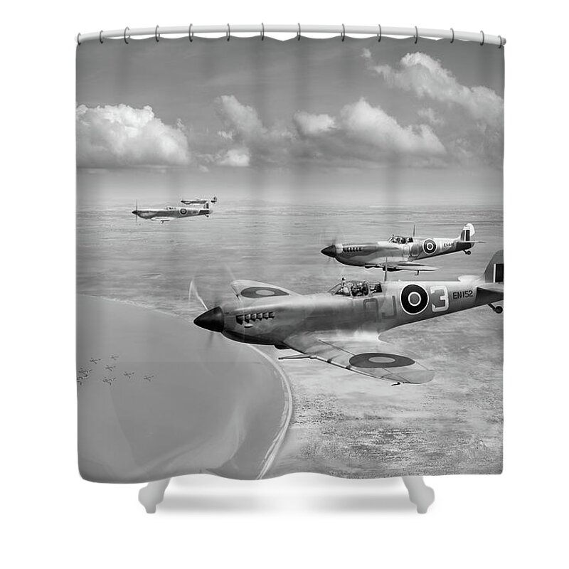 92 Squadron Shower Curtain featuring the photograph Spitfires over Tunisia black and white version by Gary Eason