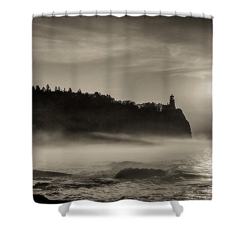 Astronomical Shower Curtain featuring the photograph Split Rock Lighthouse Emerging Fog by Rikk Flohr