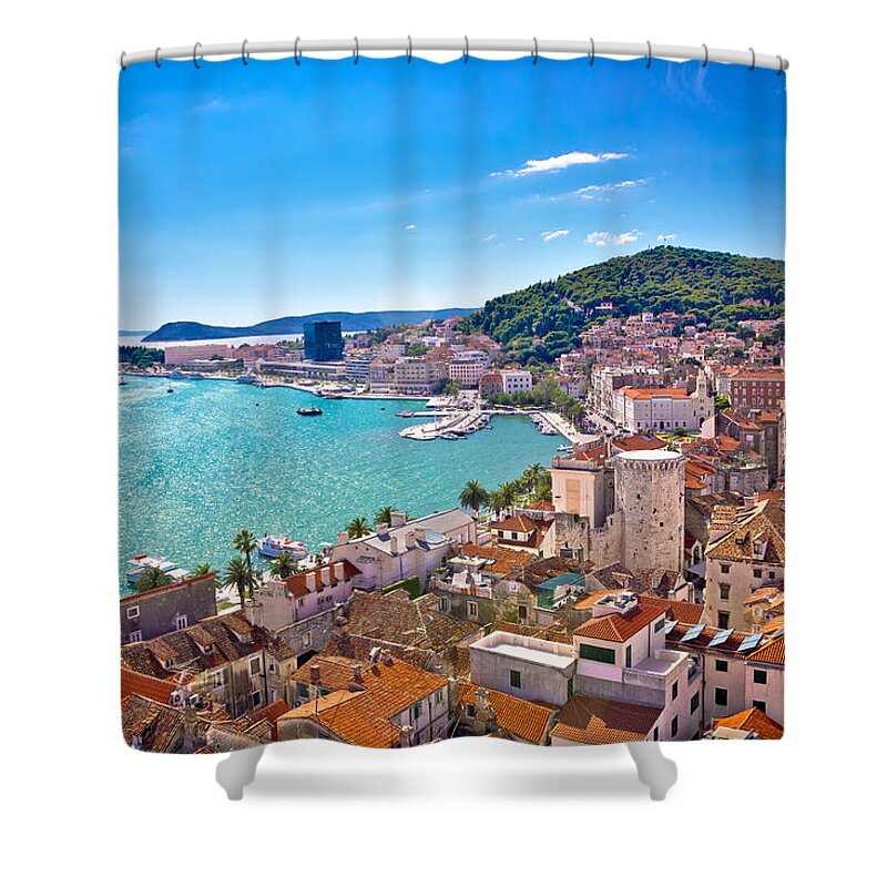Aerial Shower Curtain featuring the photograph Split waterfront and Marjan hill view by Brch Photography