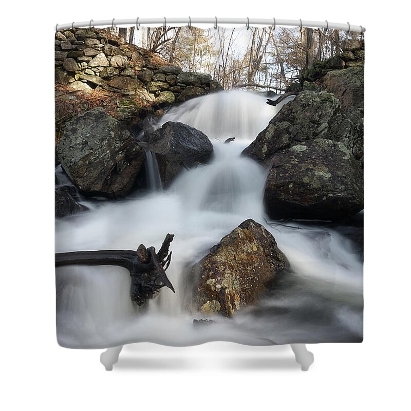 Rutland Ma Mass Massachusetts Waterfall Water Falls Nature New England Newengland Outside Outdoors Natural Old Mill Site Woods Forest Secluded Hidden Secret Dreamy Long Exposure Brian Hale Brianhalephoto Peaceful Serene Serenity Splits Tree Logs Divide Shower Curtain featuring the photograph Splits by Brian Hale