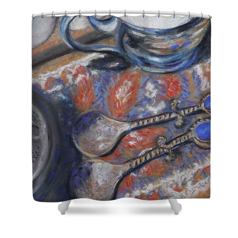Still Life Shower Curtain featuring the pastel Spoons and More by Sandra Lee Scott