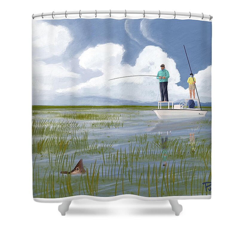 Redfish Shower Curtain featuring the digital art Spot On by Kevin Putman