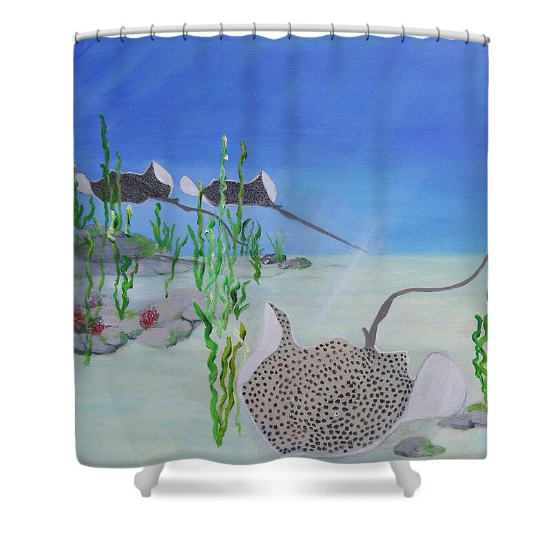 Stingray Shower Curtain featuring the painting Spotted Ray by Karen Jane Jones