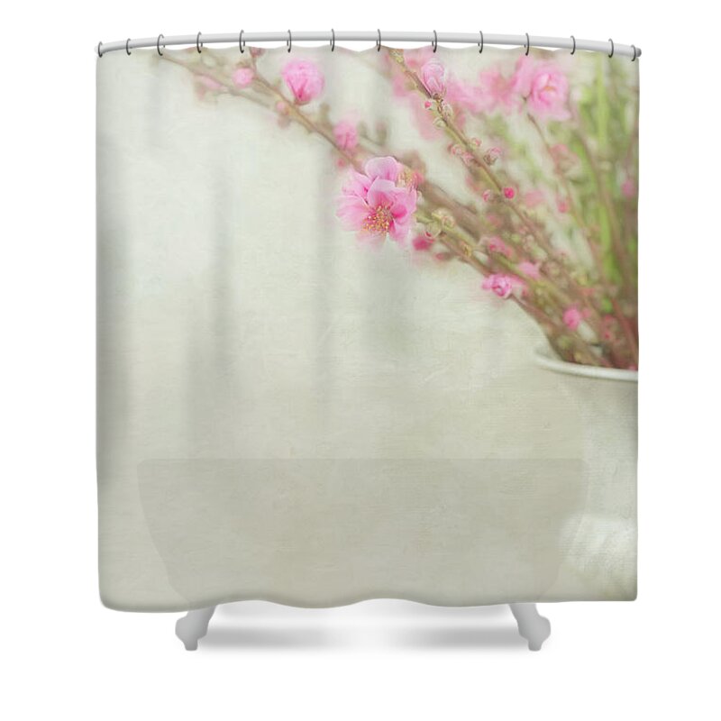 Painterly Shower Curtain featuring the photograph Spring Blossoms in White Vase by Susan Gary